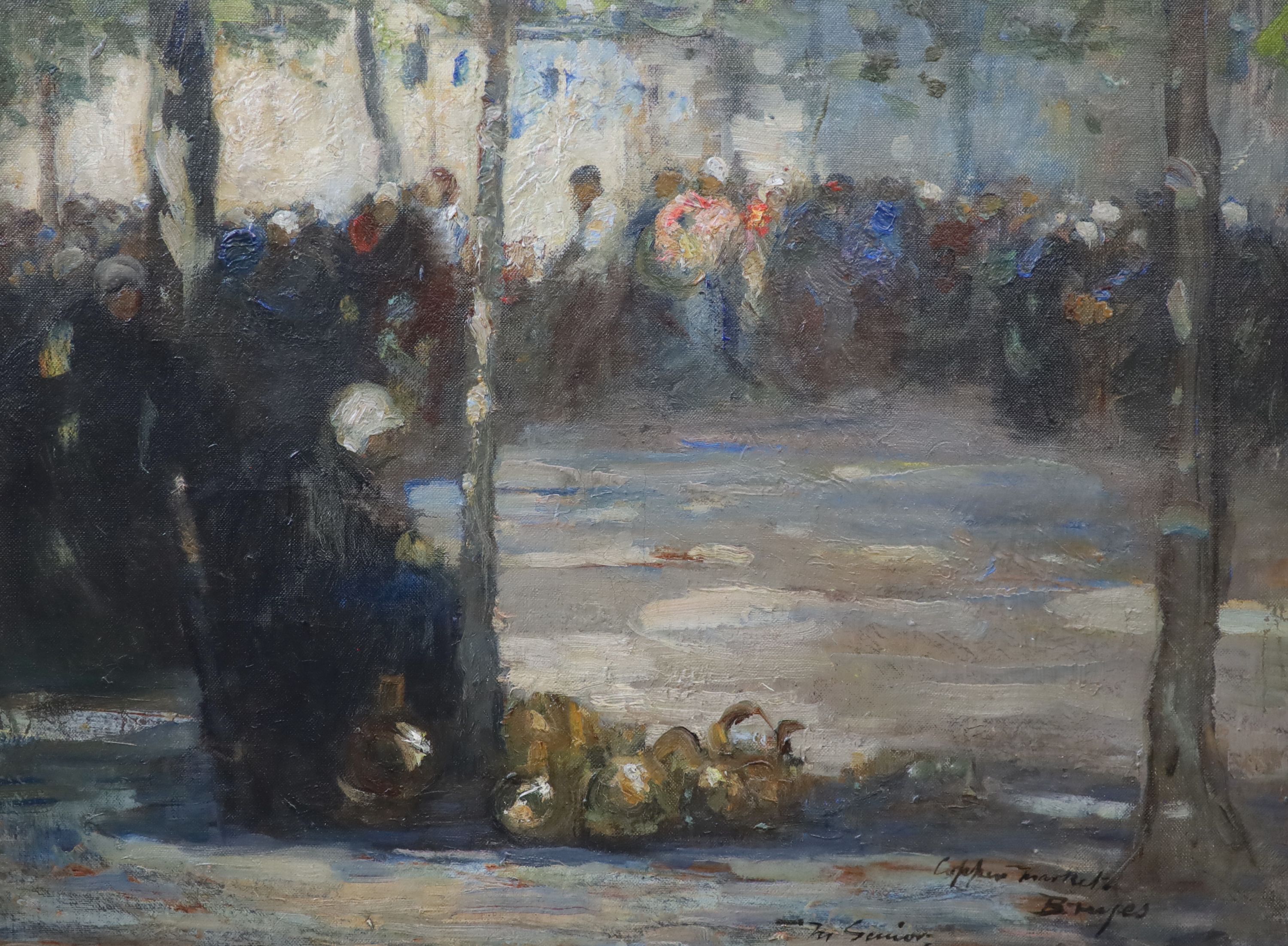 Mark Senior (1864-1927), The Copper Market, Bruges, Oil on canvas, 45 x 60cm.